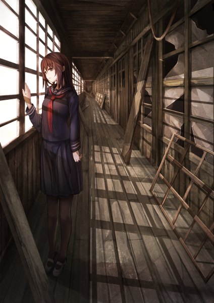 Anime picture 868x1228 with original koruse single long hair tall image brown hair brown eyes looking away indoors girl skirt uniform serafuku window