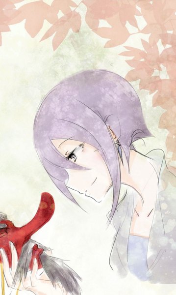 Anime picture 901x1504 with uchouten kazoku p.a. works benten-sama (uchouten kazoku) kc (babyface11922) single tall image short hair smile holding purple hair profile grey eyes portrait girl earrings mask tengu mask