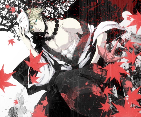 Anime picture 1200x1000 with tiger & bunny sunrise (studio) ivan karelin pizaya single short hair blonde hair japanese clothes aqua eyes topless boy leaf (leaves) mask necklace branch