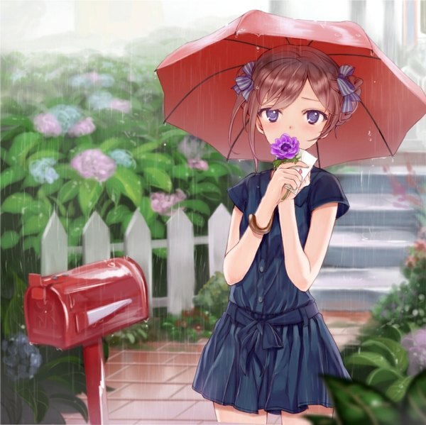 Anime picture 861x860 with original takeuchi aya single looking at viewer fringe blue eyes brown hair standing outdoors letterboxed rain girl flower (flowers) bow ribbon (ribbons) plant (plants) hair bow hair ribbon water umbrella