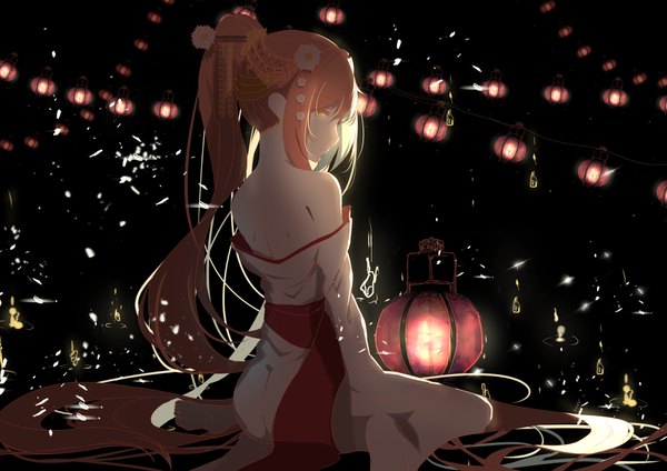 Anime picture 3507x2480 with original re:rin single looking at viewer highres simple background brown hair sitting bare shoulders yellow eyes absurdres ponytail very long hair traditional clothes japanese clothes profile looking back barefoot hair flower from behind