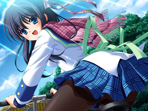 Anime picture 1200x900 with clover point kashiwagi tsukine single blue eyes black hair game cg girl thighhighs serafuku scarf plaid scarf