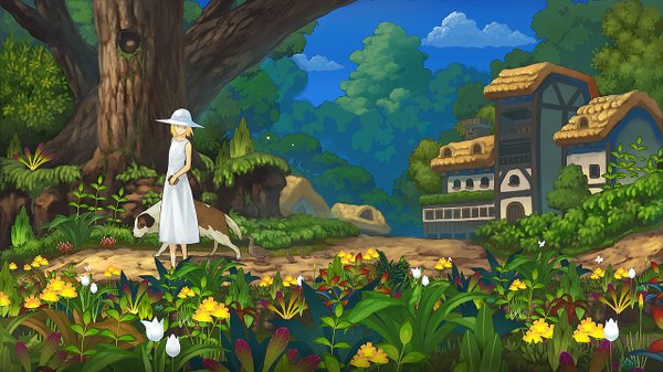 Anime picture 1280x720 with original hirokiku single short hair blonde hair wide image landscape girl dress flower (flowers) plant (plants) hat tree (trees) dog house