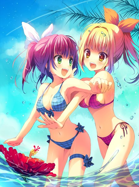 Anime picture 896x1200 with umi monogatari zexcs marin urin (umi monogatari) reia long hair tall image blush breasts open mouth light erotic blonde hair multiple girls brown eyes green eyes pink hair ponytail bare belly armpit (armpits) sideboob