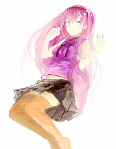 Anime picture 811x1045 with vocaloid megurine luka sa'yuki single long hair tall image looking at viewer fringe breasts simple background white background pink hair pleated skirt pink eyes alternate costume girl thighhighs skirt navel miniskirt