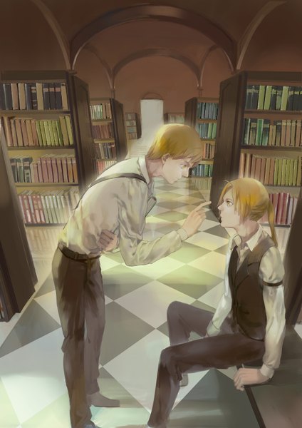 Anime picture 2480x3507 with fullmetal alchemist studio bones edward elric alphonse elric par long hair tall image highres short hair blonde hair standing sitting holding yellow eyes ponytail indoors profile multiple boys reflection open collar