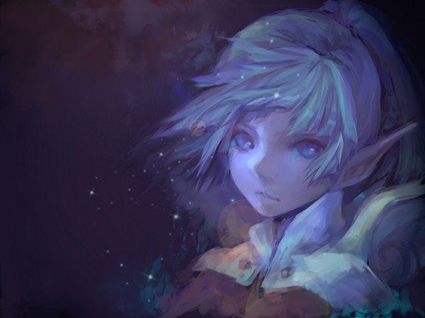 Anime picture 1106x829 with dragon nest achyue single looking at viewer fringe short hair ponytail aqua eyes lips pointy ears aqua hair dark background close-up girl wings