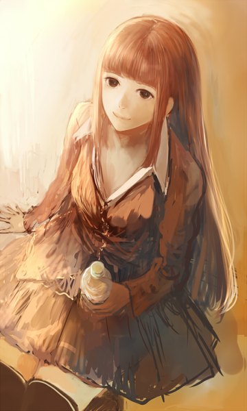 Anime picture 675x1125 with original bounin single long hair tall image looking at viewer smile red eyes holding looking away red hair from above lips open collar girl bottle