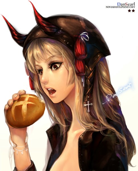 Anime picture 950x1176 with original dansearl single long hair tall image open mouth blonde hair white background brown eyes horn (horns) eating girl bracelet helmet bread