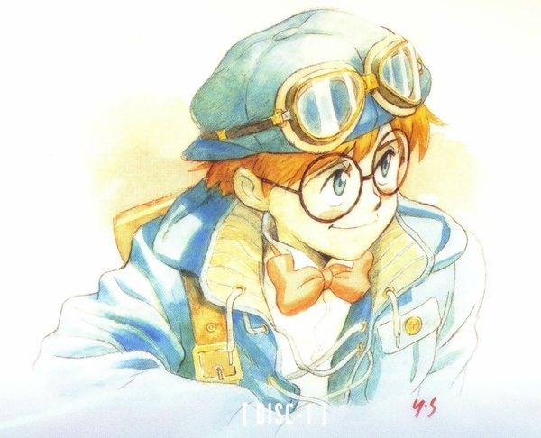 Anime picture 1728x1400 with fushigi no umi no nadia jean roque raltique highres short hair blue eyes smile white background orange hair official art boy glasses jacket bowtie goggles peaked cap