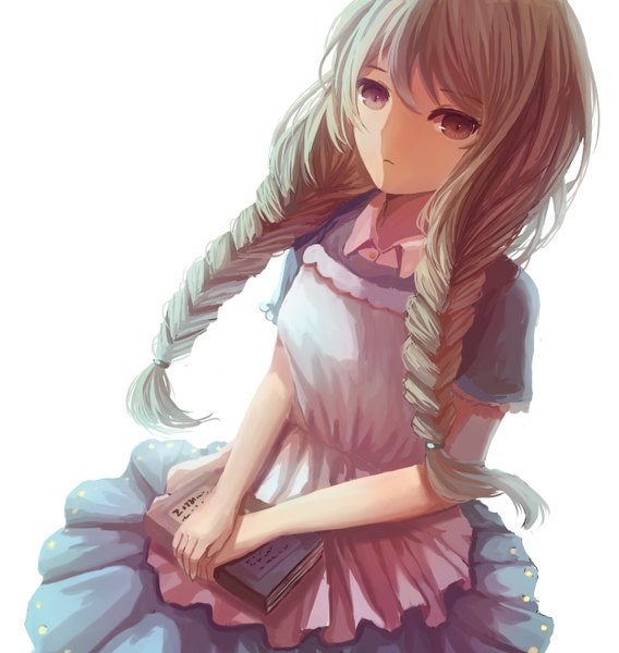 Anime picture 2480x2620 with original nio (jacky19921205) single long hair tall image looking at viewer highres simple background brown hair white background braid (braids) girl dress book (books)