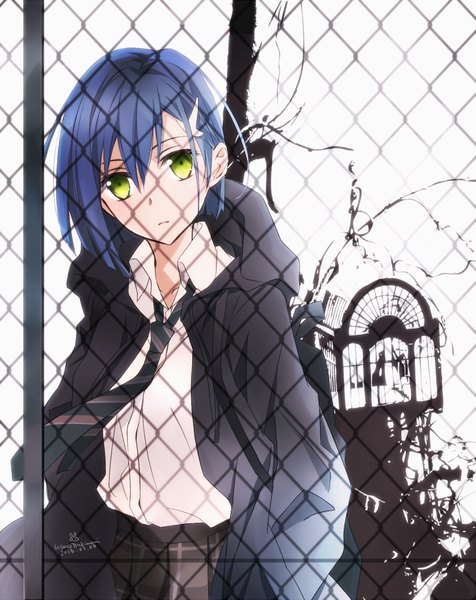 Anime picture 800x1007 with darling in the franxx studio trigger ichigo (darling in the franxx) tsukimori usako single tall image looking at viewer fringe short hair hair between eyes white background green eyes signed blue hair head tilt pleated skirt open clothes open jacket dated plaid skirt