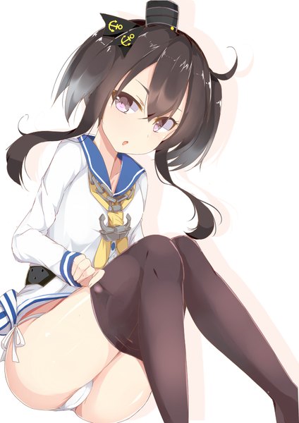 Anime picture 724x1024 with kantai collection tokitsukaze destroyer demero single tall image short hair breasts open mouth light erotic black hair simple background white background sitting purple eyes looking away dressing girl thighhighs underwear panties