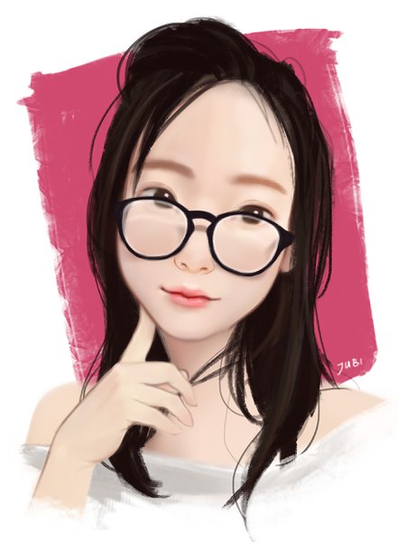 Anime picture 1826x2486 with real life yali zhang jubi (regiana) single long hair tall image looking at viewer highres simple background brown hair bare shoulders brown eyes signed lips realistic lipstick portrait pink lipstick girl glasses