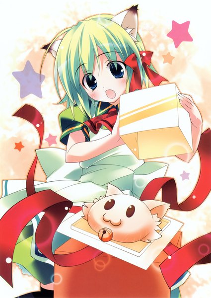 Anime picture 2704x3818 with midori style midori (midori style) sakana single tall image blush highres short hair open mouth blue eyes green hair scan short sleeves cat girl puffy sleeves yellow background surprised girl thighhighs dress