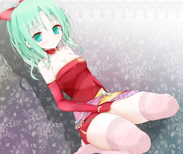 Anime picture 2184x1832 with final fantasy final fantasy vi square enix tina branford oouso (usotsukiya) single highres short hair light erotic green eyes green hair girl thighhighs dress bow hair bow detached sleeves earrings