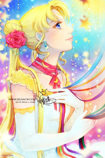 Anime picture 540x810 with bishoujo senshi sailor moon toei animation tsukino usagi zelda c. wang single long hair tall image blue eyes blonde hair twintails profile hair flower light smile hair bun (hair buns) lipstick looking up pink lipstick forehead mark girl gloves