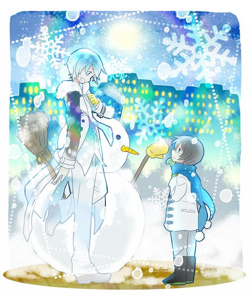 Anime picture 1500x1775 with vocaloid kaito (vocaloid) 7:24 tall image short hair brown hair standing looking away bent knee (knees) white hair profile aqua eyes night multiple boys city happy standing on one leg snowing snow framed