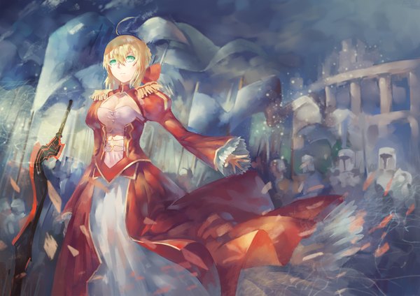 Anime picture 1600x1131 with fate (series) fate/extra type-moon nero claudius (fate) (all) nero claudius (fate) azomo single fringe short hair blonde hair green eyes looking away cleavage ahoge wind from below outstretched arm underbust knight girl
