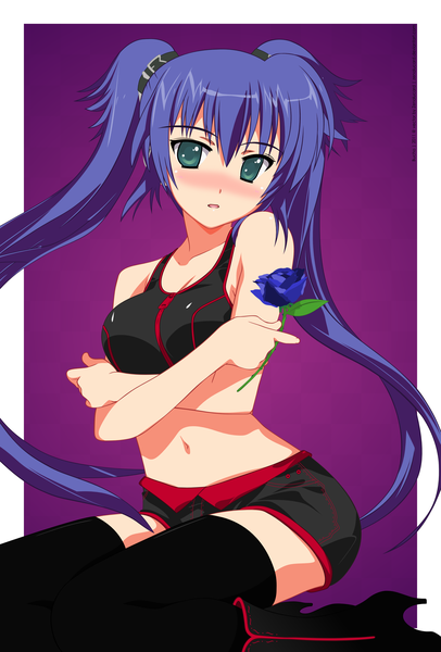 Anime picture 2369x3500 with r-15 kuroki kurumi zenalucard (artist) single long hair tall image looking at viewer blush highres open mouth simple background sitting twintails green eyes blue hair midriff crossed arms girl thighhighs navel
