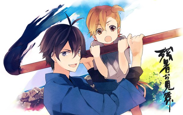 Anime picture 900x566 with barakamon kotoishi naru handa seishuu takerusilt fringe short hair open mouth blue eyes black hair hair between eyes brown hair brown eyes ahoge traditional clothes japanese clothes one side up text hieroglyph calligraphy girl