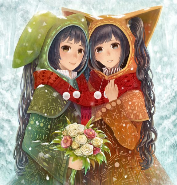 Anime picture 2550x2656 with bounin long hair tall image highres blue eyes black hair brown hair twintails multiple girls holding brown eyes animal ears yellow eyes light smile cat ears bunny ears snowing wavy hair winter snow