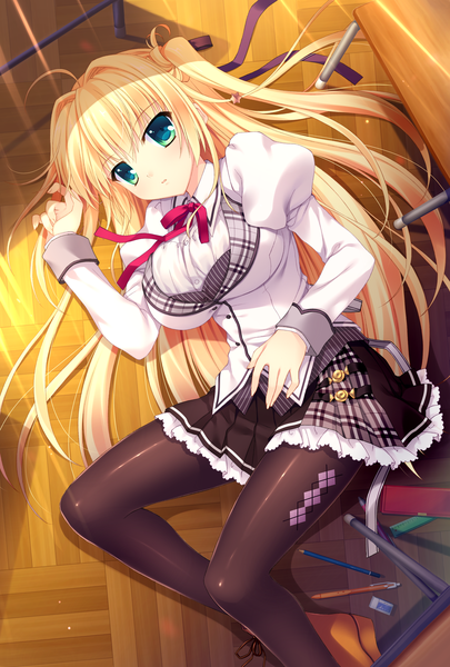Anime picture 2526x3741 with alia's carnival! sakurakouji tsukuyomi nanao naru single long hair tall image looking at viewer blush highres blonde hair green eyes absurdres ahoge lying from above puffy sleeves one side up on side classroom girl
