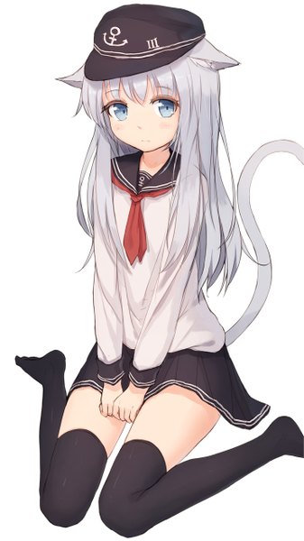 Anime picture 720x1280 with kantai collection hibiki destroyer shone single long hair tall image blush fringe simple background white background sitting animal ears payot looking away silver hair full body bent knee (knees) tail long sleeves animal tail