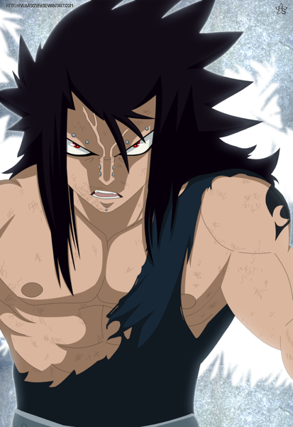 Anime picture 1500x2177 with fairy tail gajeel redfox hyugasosby single long hair tall image open mouth black hair simple background red eyes tattoo piercing coloring torn clothes muscle boy