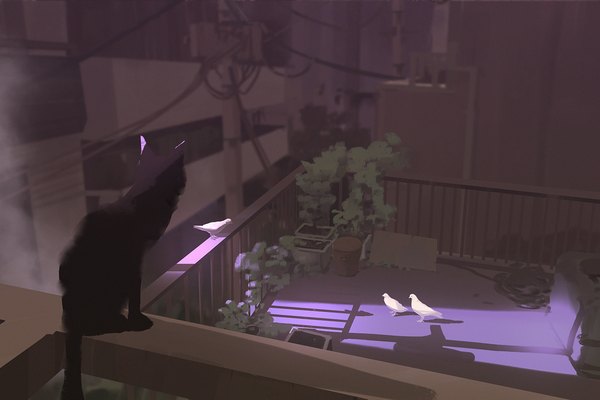 Anime picture 1400x934 with original snatti outdoors shadow no people plant (plants) animal bird (birds) cat railing power lines pigeon