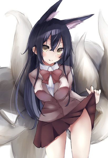 Anime picture 1093x1600 with league of legends ahri (league of legends) harenchi single long hair tall image blush light erotic black hair simple background smile white background brown eyes animal ears tail animal tail fox ears fox tail fox girl skirt lift