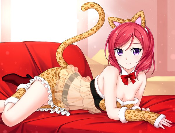 Anime picture 1320x1000 with love live! school idol project sunrise (studio) love live! nishikino maki tucana single looking at viewer short hair light erotic smile purple eyes animal ears pink hair tail lying animal tail cat ears cat girl cat tail girl