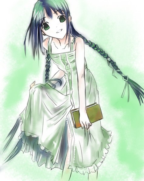 Anime picture 2974x3755 with bungaku shoujo amano tooko tall image highres simple background green eyes braid (braids) twin braids girl dress book (books) sundress