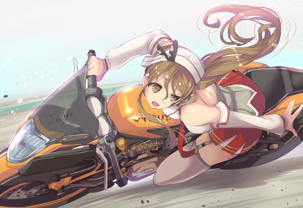 Anime picture 3227x2224 with kantai collection littorio (kantai collection) satou daiji single long hair highres open mouth brown hair bare shoulders brown eyes signed looking away absurdres ponytail looking back from above wind leaning leaning forward bare back