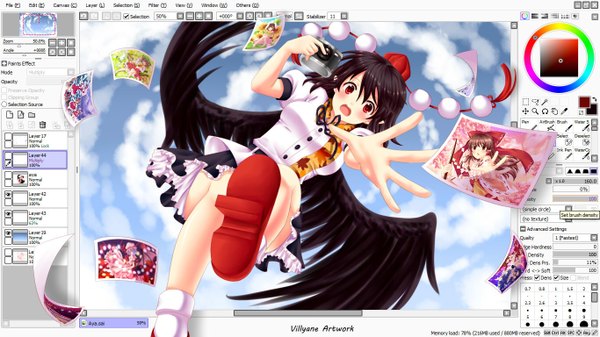 Anime picture 1366x768 with touhou hakurei reimu remilia scarlet shameimaru aya cirno chen inaba tewi villyane long hair blush open mouth black hair red eyes wide image sky cloud (clouds) girl skirt bow hair bow