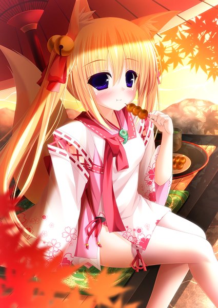 Anime picture 896x1264 with original yunagi amane single long hair tall image looking at viewer blush blue eyes blonde hair sitting twintails animal ears tail traditional clothes animal tail fox ears fox tail fox girl miko girl