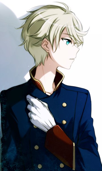 Anime picture 600x1000 with aldnoah.zero a-1 pictures slaine troyard jianmo sl single tall image short hair blonde hair simple background standing white background upper body profile aqua eyes shadow hand on chest military boy uniform military uniform