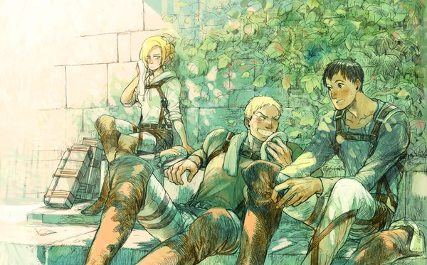 Anime picture 1000x622 with shingeki no kyojin production i.g annie leonhart bertolt hoover reiner braun prema-ja blush short hair blue eyes black hair blonde hair smile wide image sitting black eyes sunlight multiple boys grin reclining towel around neck