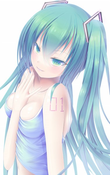 Anime picture 835x1323 with vocaloid hatsune miku isshiki (ffmania7) single tall image looking at viewer breasts light erotic simple background white background twintails bare shoulders very long hair aqua eyes light smile aqua hair girl hair ornament