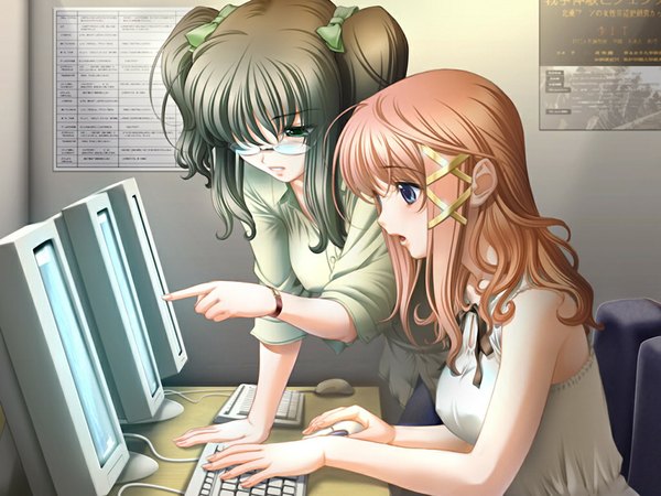 Anime picture 1024x768 with shichinin no online gamers nagaregawa kohane minase anko sano toshihide blue eyes blonde hair brown hair multiple girls green eyes game cg girl 2 girls computer