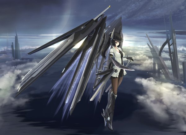 Anime picture 2500x1827 with original kikivi single long hair looking at viewer highres black hair cloud (clouds) ponytail black eyes space mechanical wings girl dress gloves hair ornament weapon sword boots katana