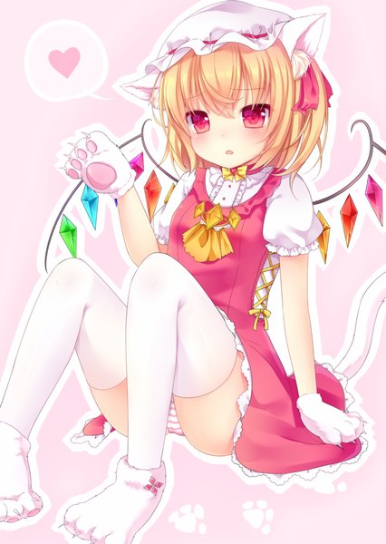 Anime picture 700x985 with touhou flandre scarlet nachi single tall image short hair light erotic blonde hair sitting animal ears tail animal tail pink eyes cat ears cat tail embarrassed one side up skirt lift pink background girl