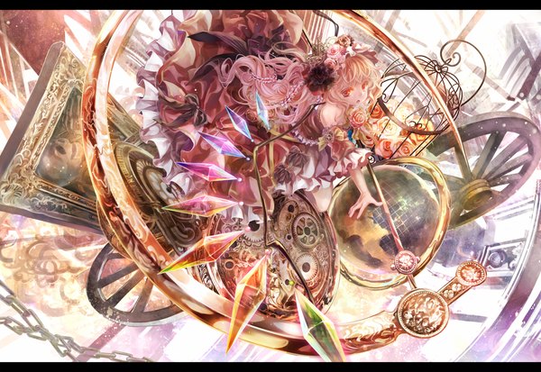 Anime picture 1300x896 with touhou flandre scarlet torino aqua single short hair open mouth blonde hair red eyes letterboxed girl dress flower (flowers) bow wings chain crystal gears cage globe