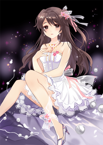 Anime picture 605x855 with idolmaster idolmaster cinderella girls shimamura uzuki apring single long hair tall image looking at viewer blush fringe breasts open mouth brown hair sitting bare shoulders brown eyes hair flower one side up hand on chest girl