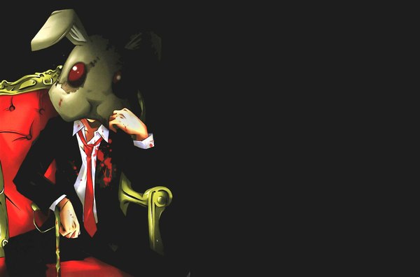 Anime picture 2120x1400 with doubt highres red eyes sitting bunny ears black background scar boy necktie blood mask chair bunny