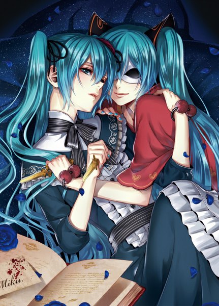 Anime picture 575x800 with vocaloid everlasting night (vocaloid) hatsune miku suzunosuke (sagula) long hair tall image looking at viewer fringe smile twintails multiple girls holding blue hair lying nail polish parted lips hair over one eye character names hug striped