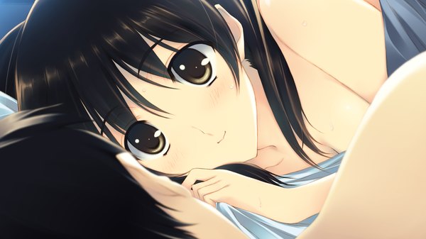 Anime picture 1280x720 with white album 2 ogiso setsuna long hair blush black hair wide image brown eyes game cg light smile girl