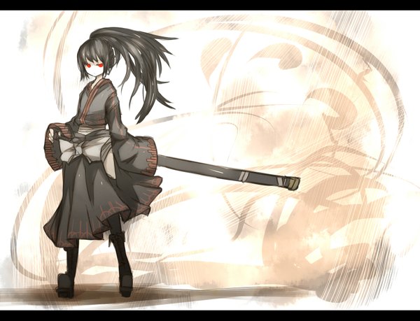 Anime picture 1700x1303 with original ganesagi single long hair looking at viewer highres black hair red eyes standing white background ponytail long sleeves japanese clothes girl sword kimono katana