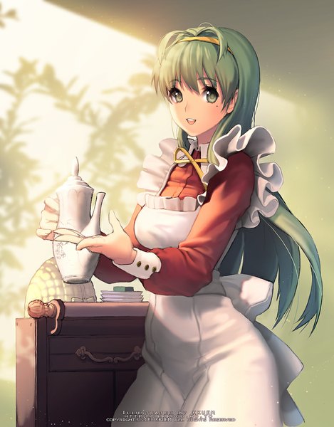 Anime picture 782x1000 with original kkuem single long hair tall image looking at viewer open mouth green eyes green hair girl dress hairband apron teapot