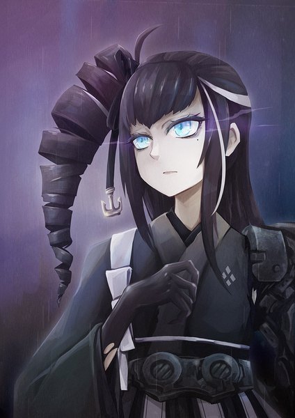 Anime picture 827x1169 with kantai collection ancient destroyer hime coolnova single long hair tall image fringe blue eyes black hair looking away ahoge traditional clothes japanese clothes mole wide sleeves mole under eye glowing side ponytail drill hair glowing eye (eyes)